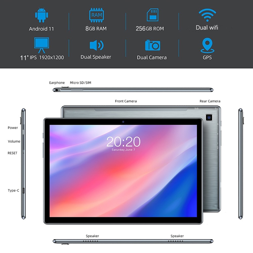 11 in 4G Tablet Android 11, 8GB RAM 256GB ROM 1920x1200 IPS Bundle Keyboard Case