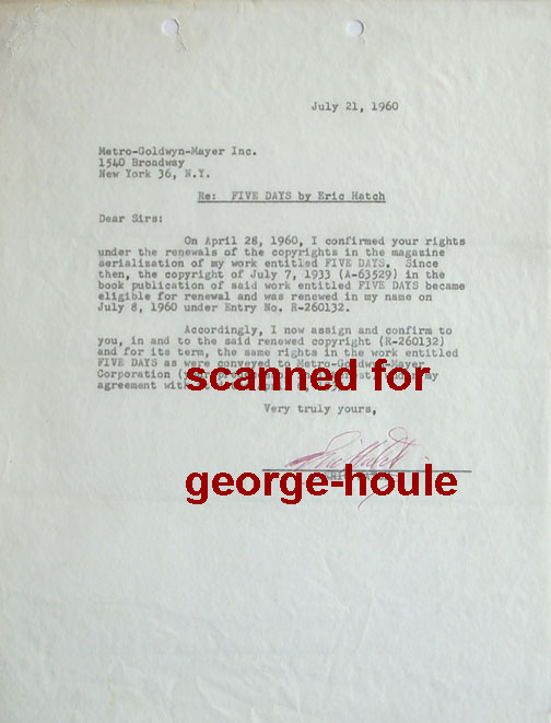 ERIC HATCH - DOCUMENT - MGM - SIGNED - 1960  - TOPPER - MY MAN GODFREY - AA NOM