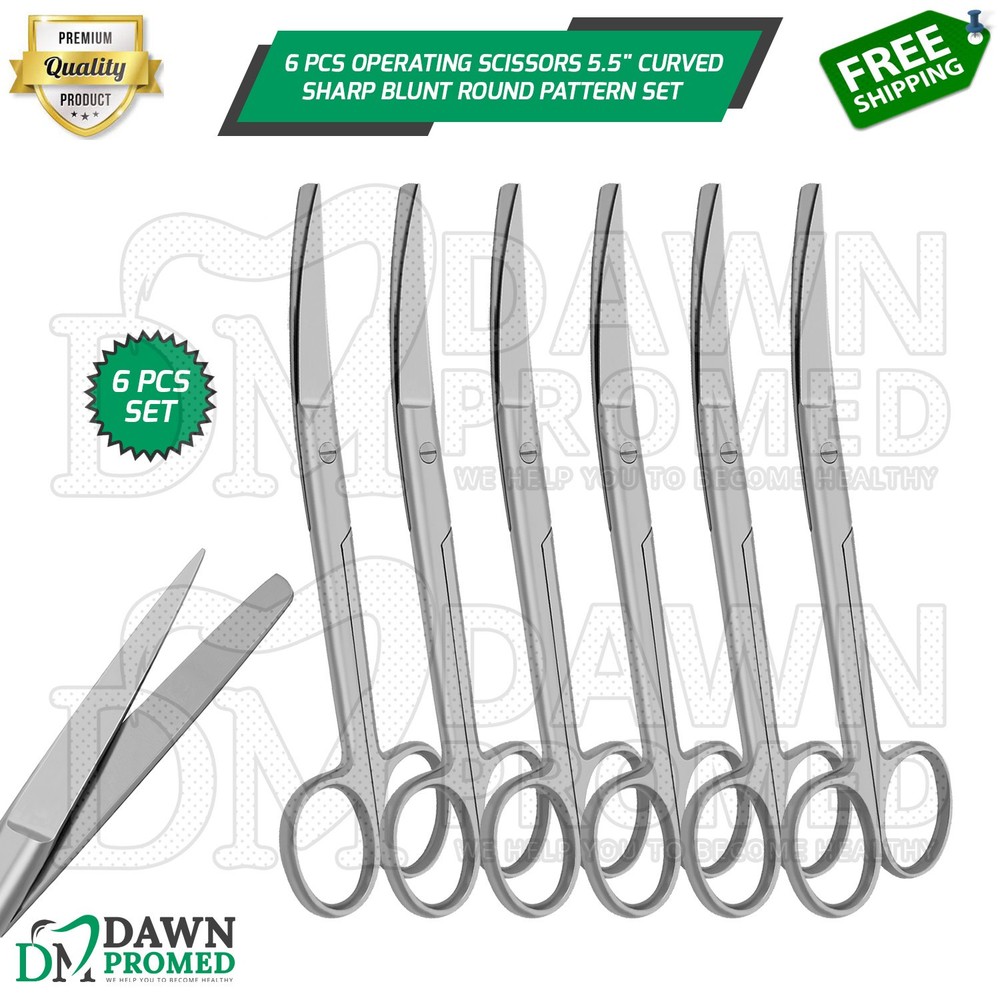 6 Pcs Operating Scissors 5.5" Curved Sharp Blunt Round Pattern Surgical Set