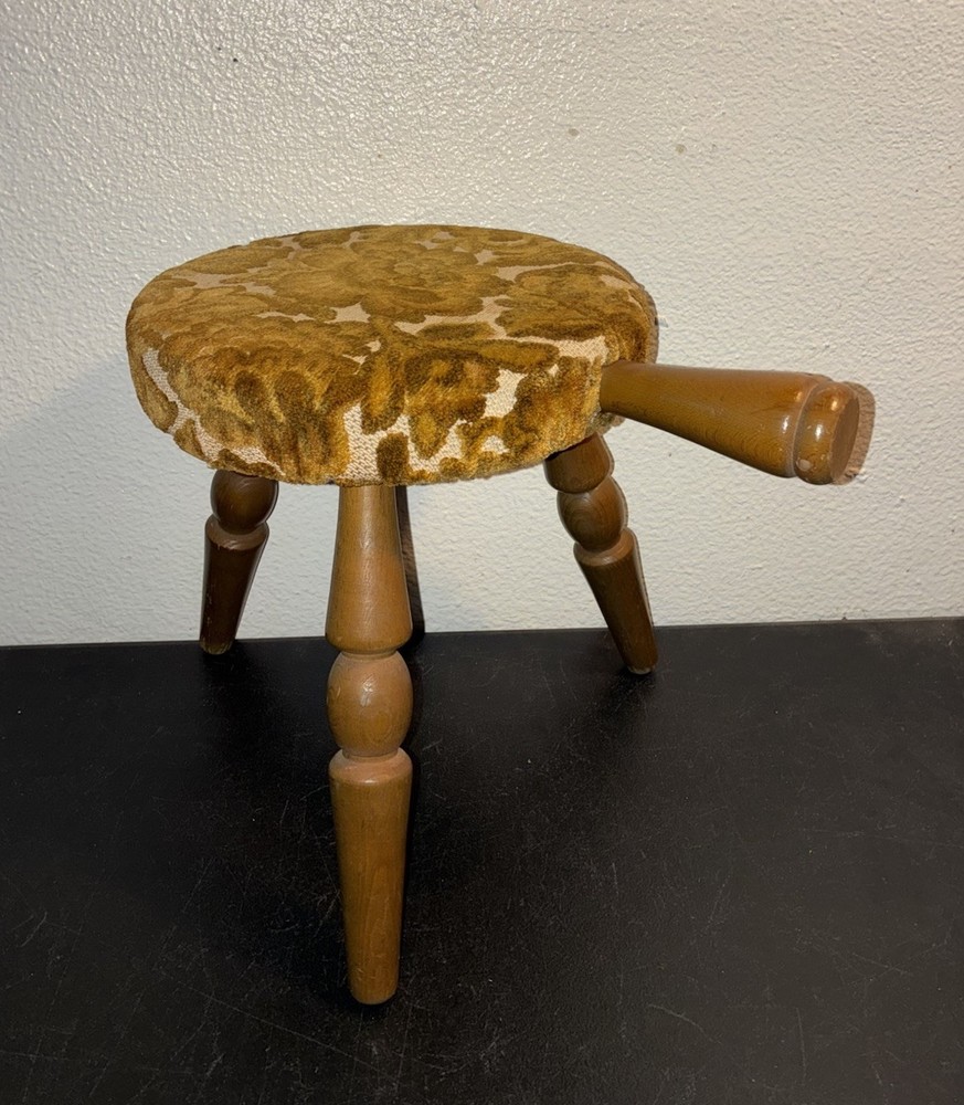 Vintage 3 Legged Cushioned Milking Stool Solid Wood with Handle
