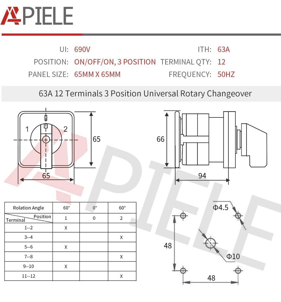 APIELE Changeover Selector Switch 3 Position 440V Universal Rotary Cam Select...
