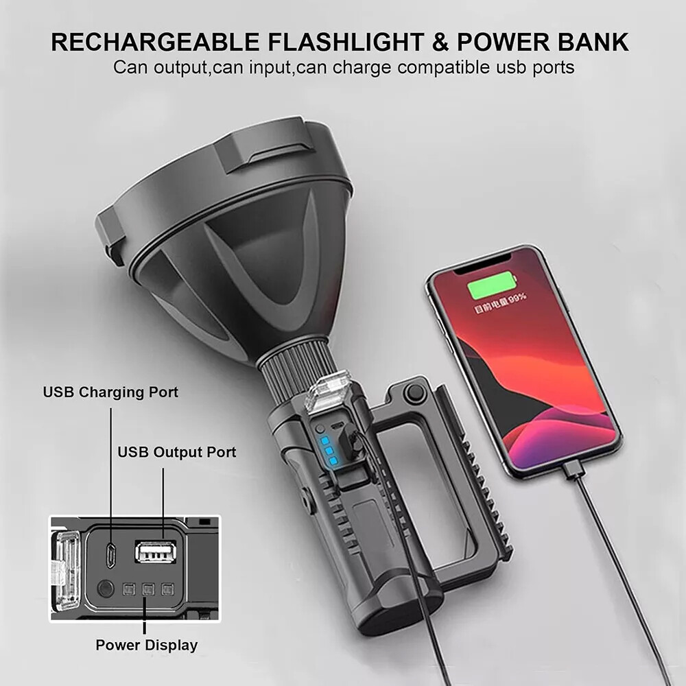 Super Bright LED Searchlight Portable Rechargeable Spotlight Handheld Flashlight
