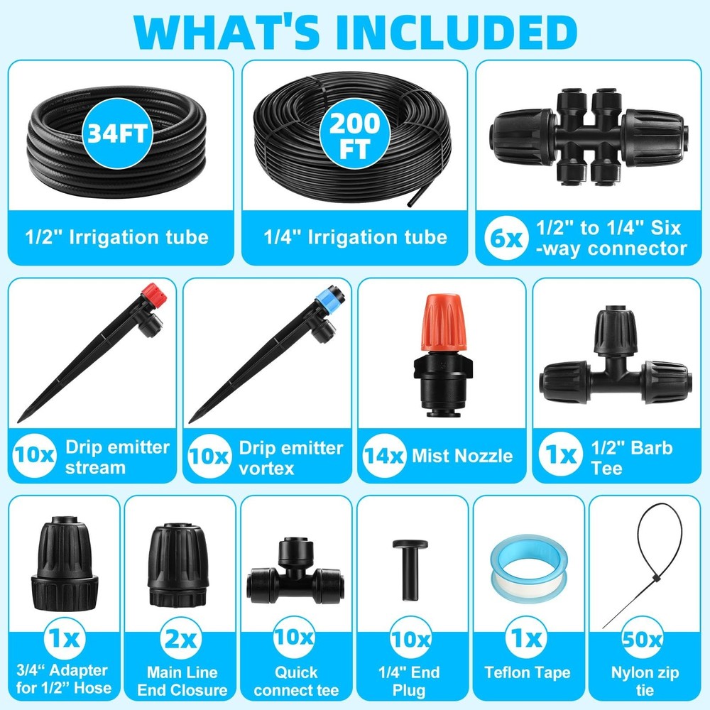 234FT Drip Irrigation System - Garden Watering System with Adjustable Three S...