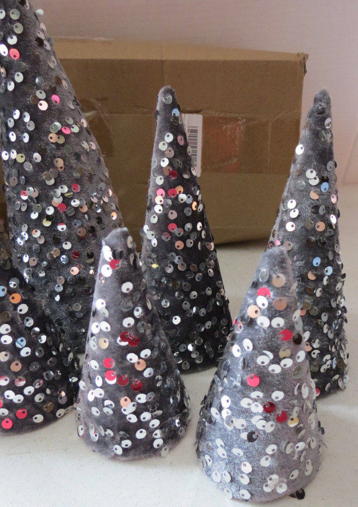 Blue Gray 8pc Sequence Table Decor Christmas Cone Trees
