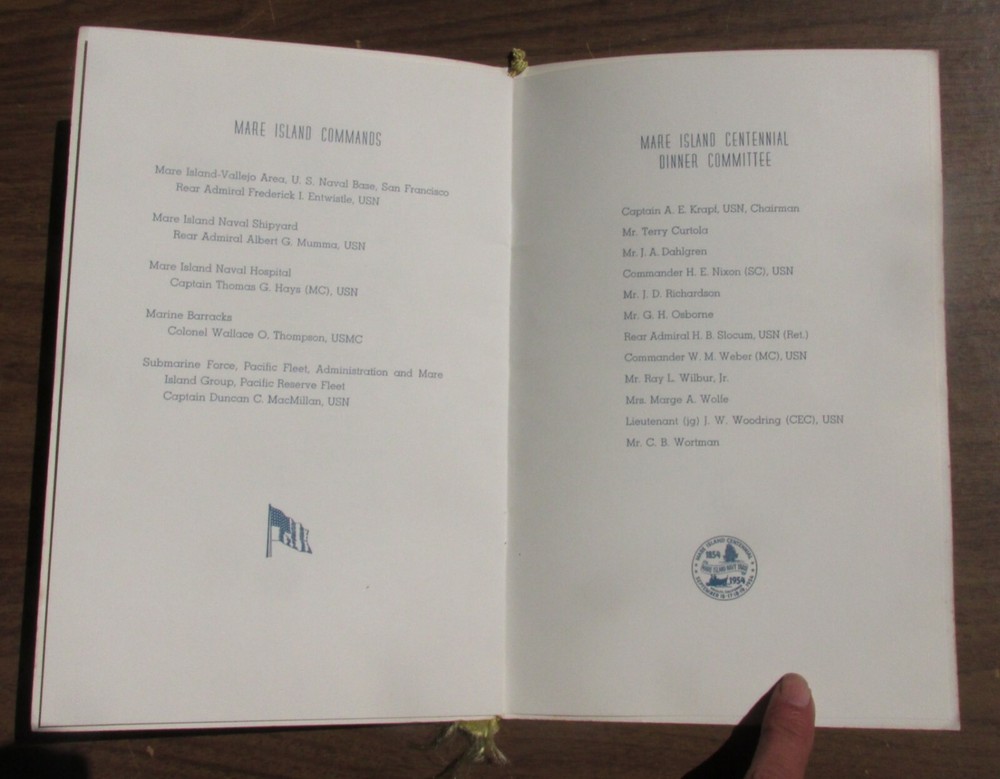 100th Anniversary Mare Island Navy Yard Dinner 1954 Menu Vallejo CA