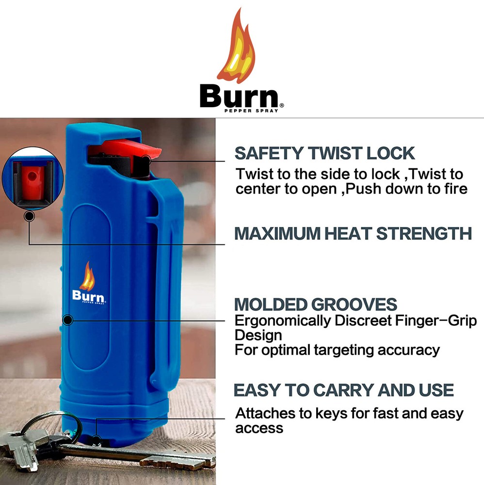 4 PACK BURN Pepper Spray 0.5oz Self Defense Security Keychain Case Molded Blue
