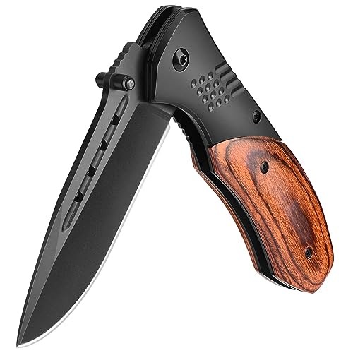 Pocket Knife for Men - Sharp Blade Wood Handle Pocket Folding Large Black
