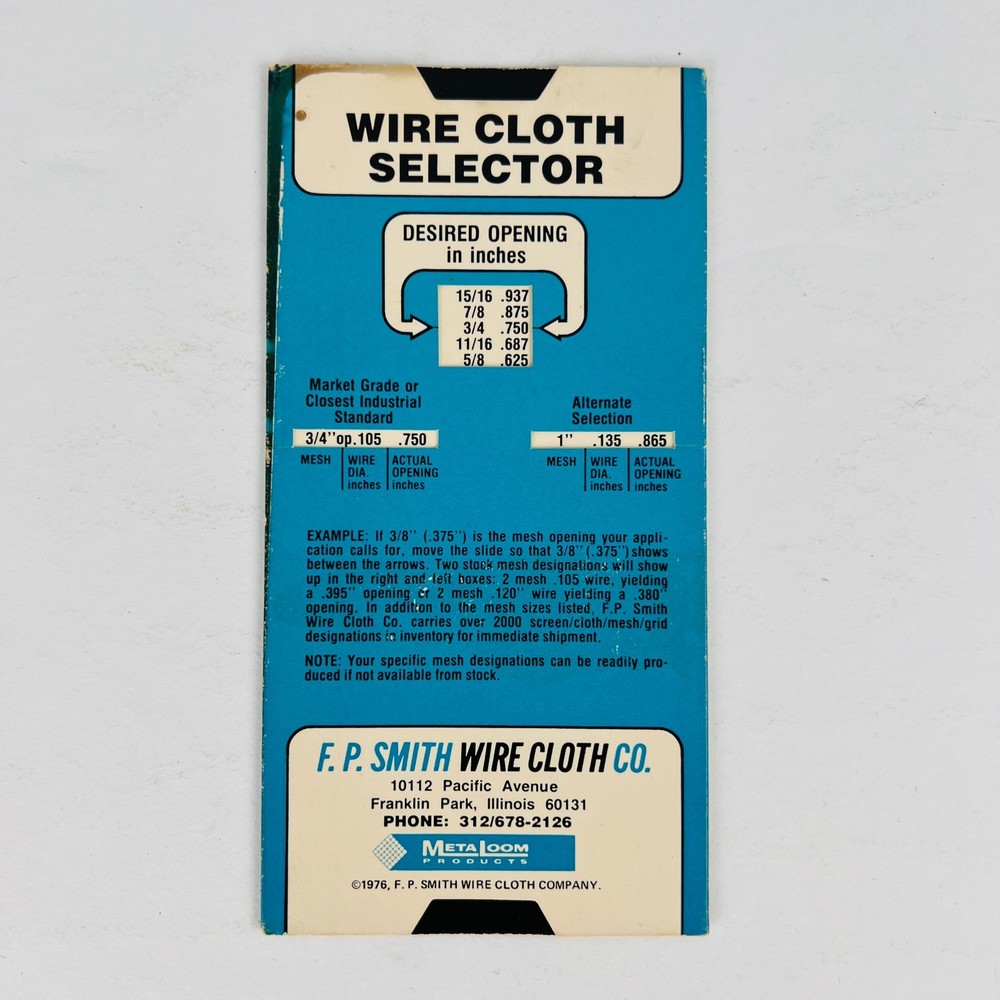 F.P. Smith Wire Cloth Co Selector Slide Card 1976