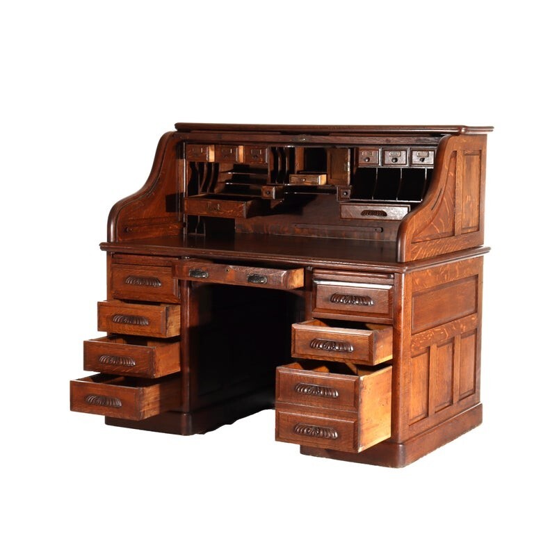 Derby Oak Raised Panel S-Roll Top Desk with Carved Pulls c1920