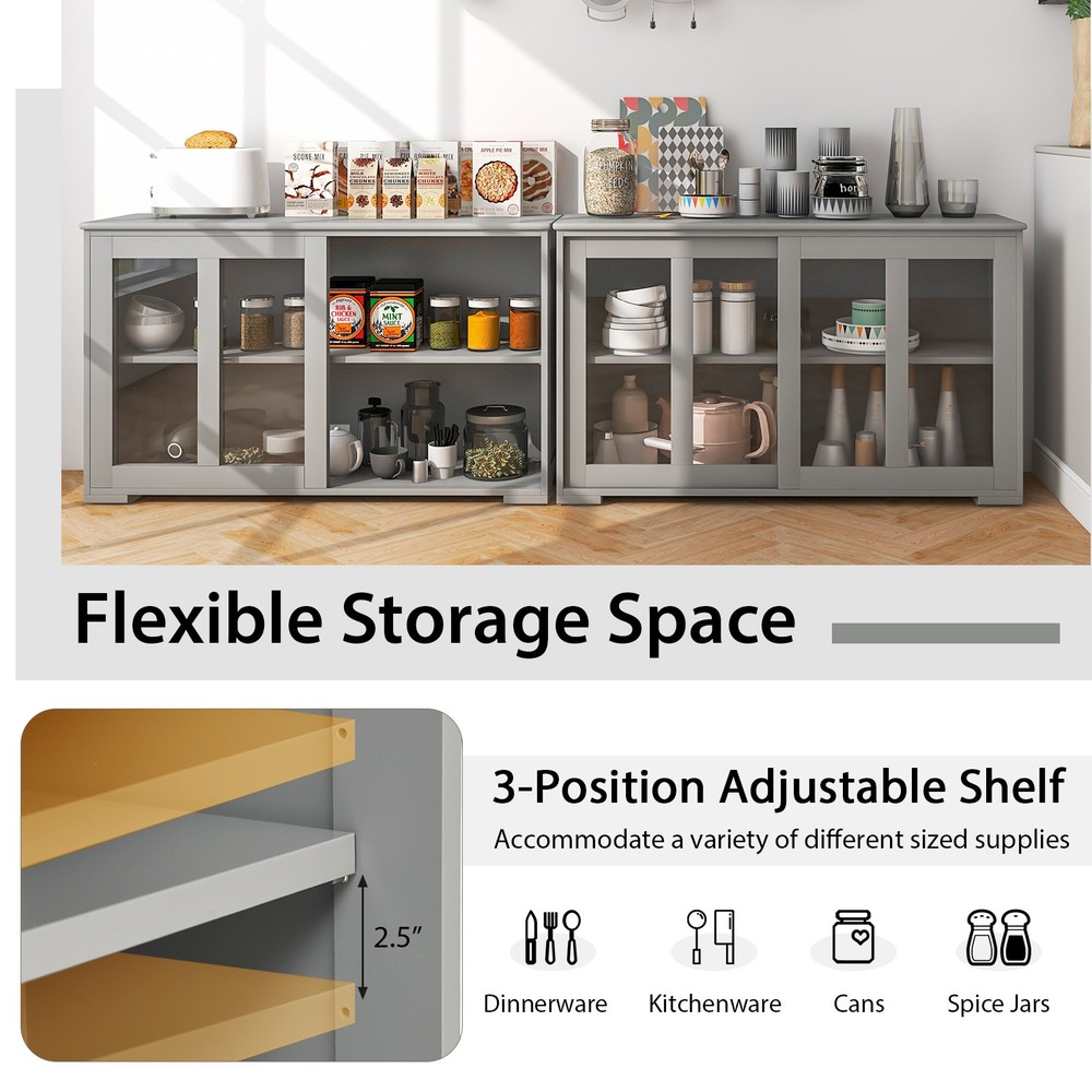 2PCS 2-Door Stackable Buffet Sideboard w/ Sliding Tempered Glass Doors Gray