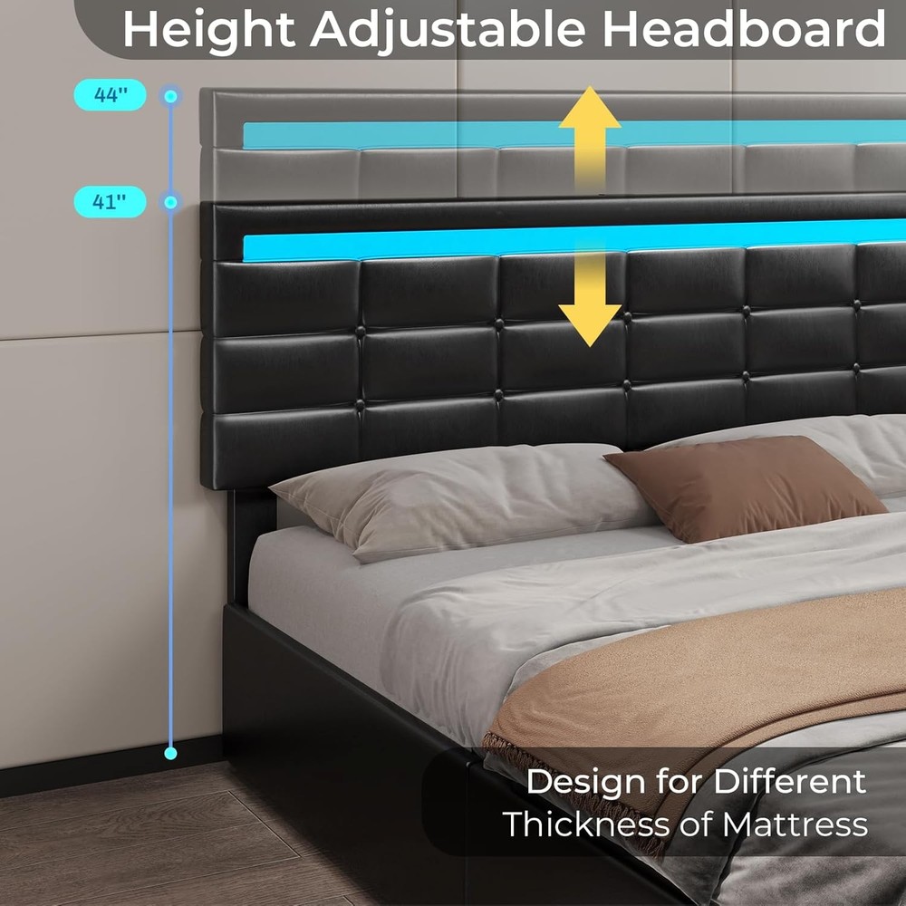 Queen Bed Frame with LED Lights Leather Platform Bed with Storage Drawers and Ch