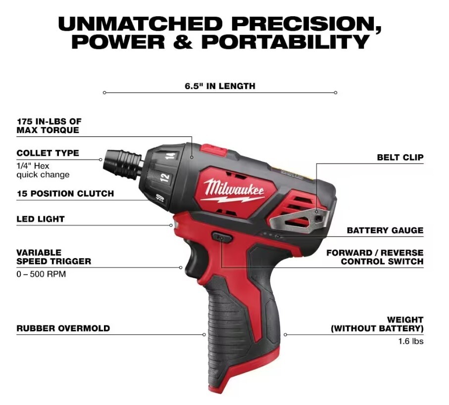 Milwaukee M12 Cordless 1/4" Hex Screwdriver Driver 2401-20 (Tool Only)