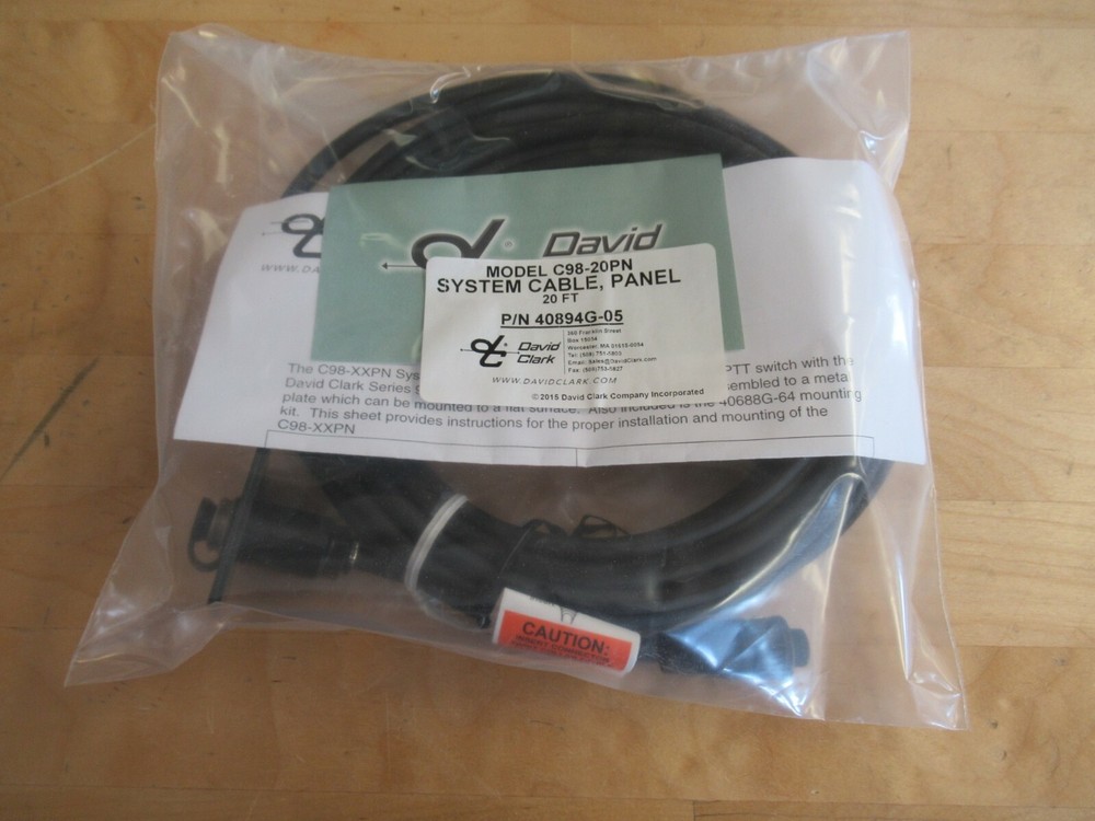 David Clark C98-20PN System Cable, Panel p/n 40894G-05