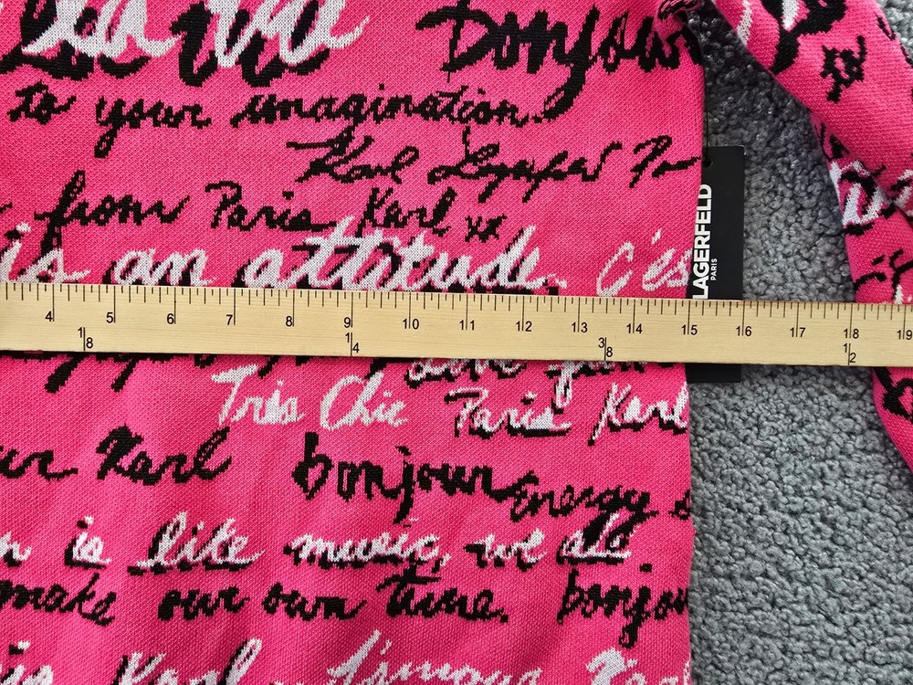 KARL LAGERFELD PARIS Allover Script Sweater Women's XS Teaberry Multi Pullover