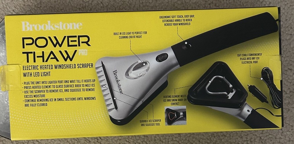 Brookstone Power Thaw Electric Heated Windshield Ice Scraper LED Light NEW