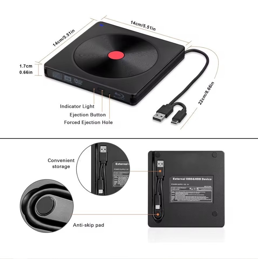 External Blu-ray Drive Portable USB 3.0 & Type-C BD Reader, DVD/CD Burner