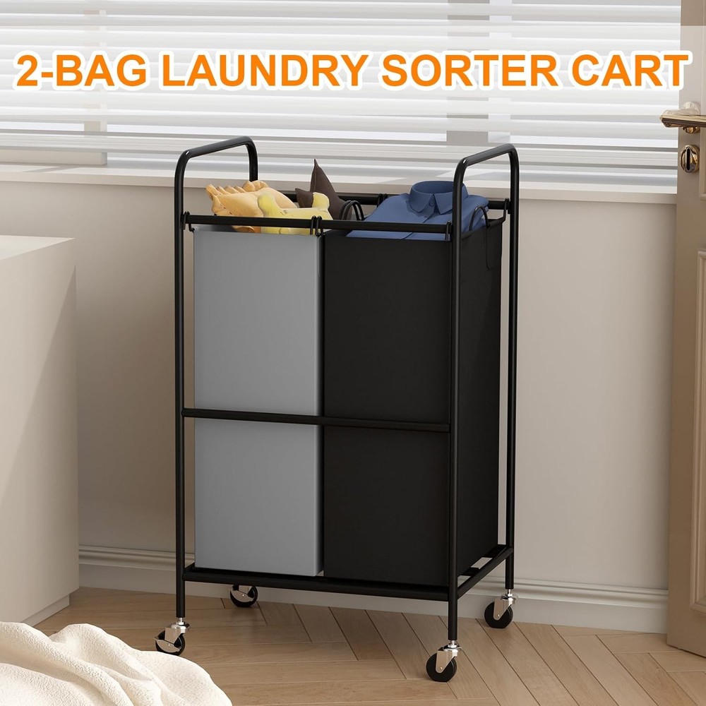 Double Compartment Rolling Laundry Basket w/ Durable Fabric Bags & Smooth Wheels