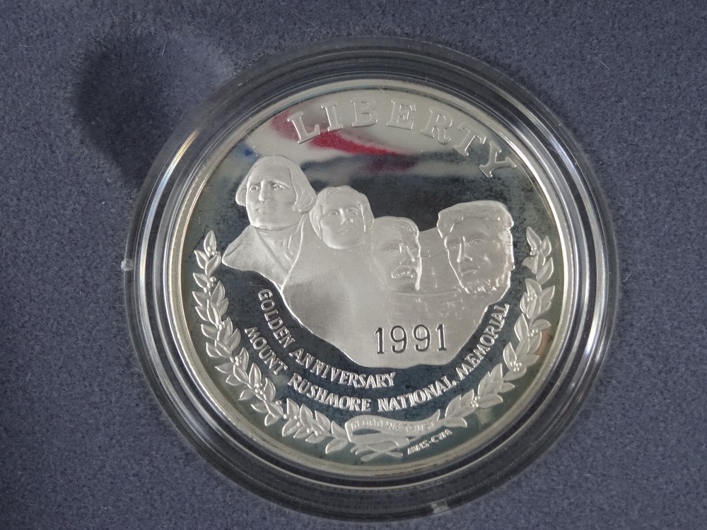 1991-S Mount Rushmore Commemorative Proof Silver Dollar & Half Box & COA 2 Coins