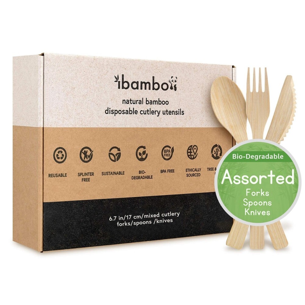 Ibambo 100% Bamboo Utensils - Assorted Bamboo Cutlery - Disposable or Reusable