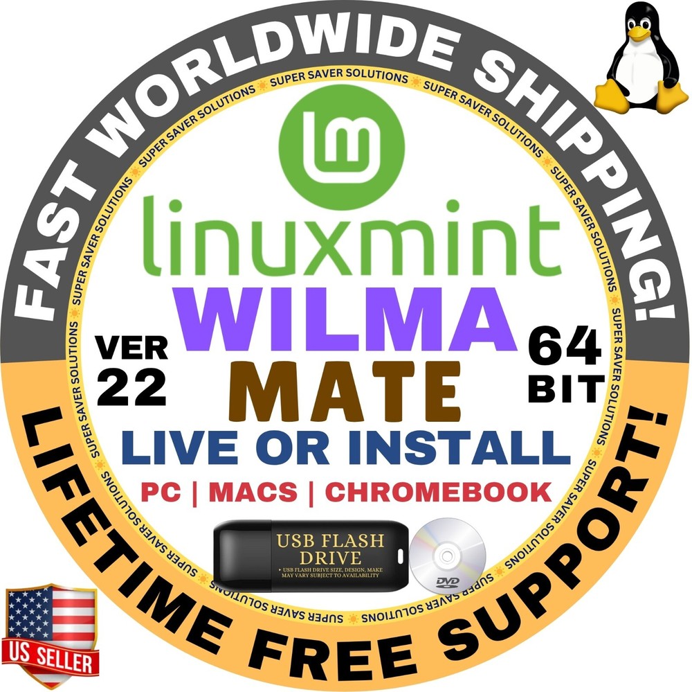Linux MINT 22 USB WILMA MATE, 64-Bit Live Boot, Full Install for MAC, PC