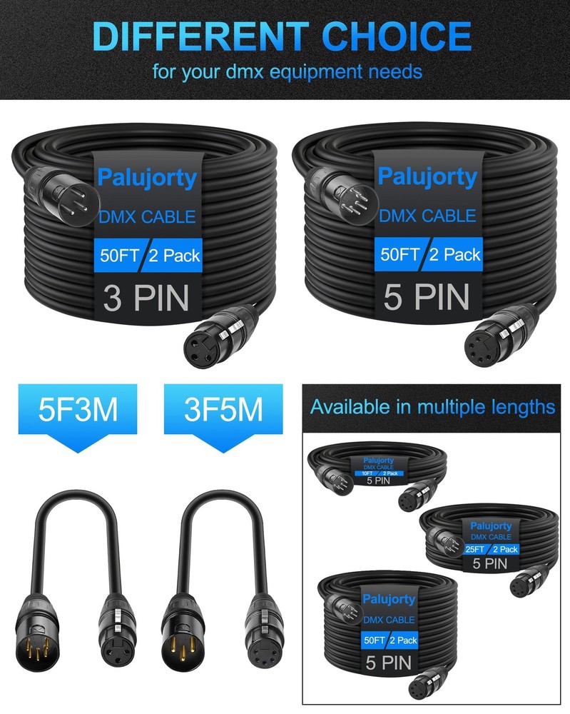 2 Pack 10FT 5 Pin DMX Cable, 3 Conductors, Stage Lighting, Controller, Wire