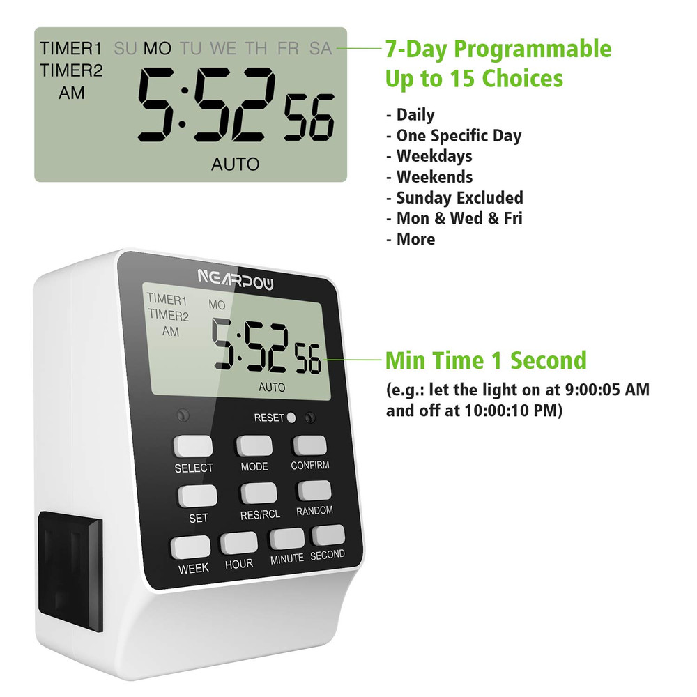 Outlet Timer, Dual Digital Light Timer with 2 Independently-Controlled Outlets,