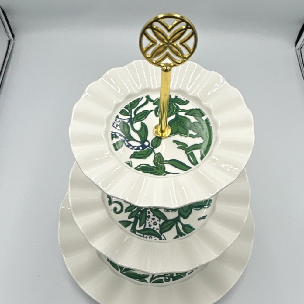 Lilly Pulitzer Three-Tier Ceramic Cake Stand, Green Pattern, Gold Handle, Round