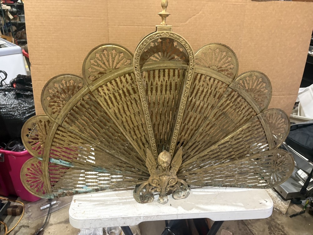 Vintage Brass Peacock Fire Guard Screen - Folding Fan