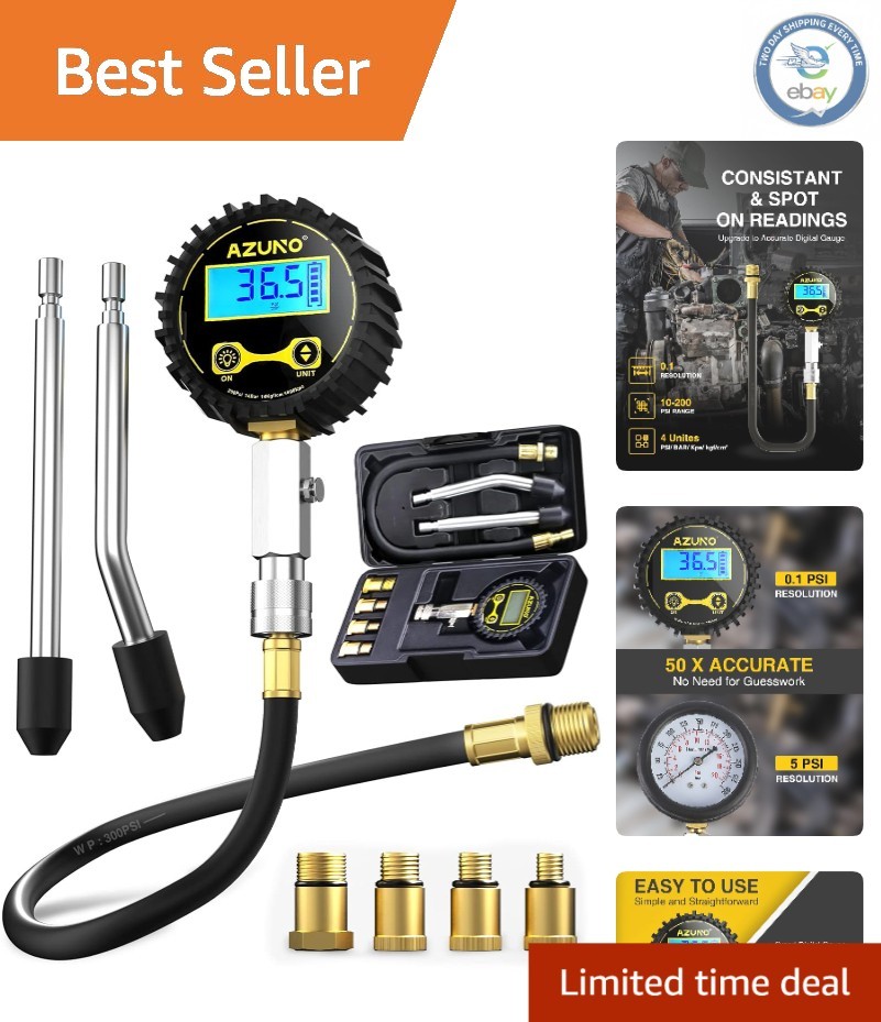 High-Precision Compression Tester Kit for Petrol Engines - 200 PSI Digital Gauge