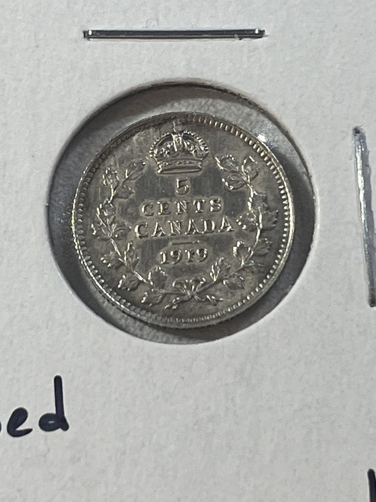 1919 Canada 5 Cents Small Silver Coin Cleaned