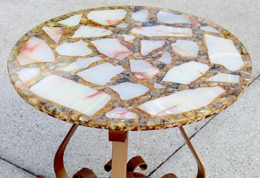 Vintage Agate, Onyx & Abalone Mosaic Side Table with Wrought Iron Base