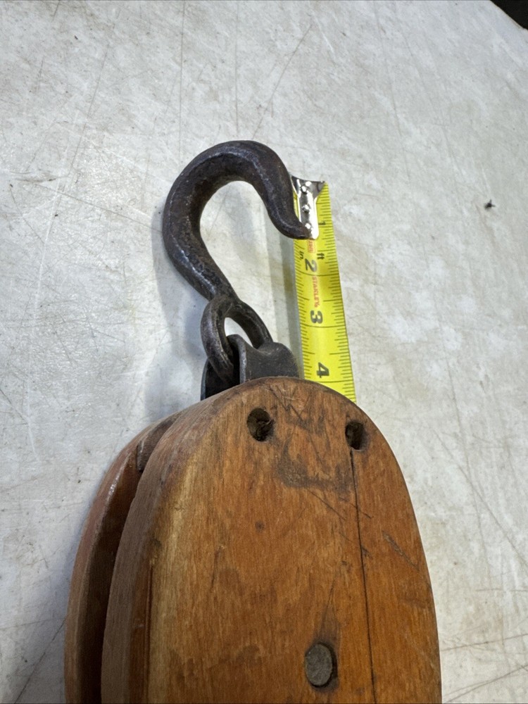 Antique Single Wood Block Pulley Rigging 12” Total