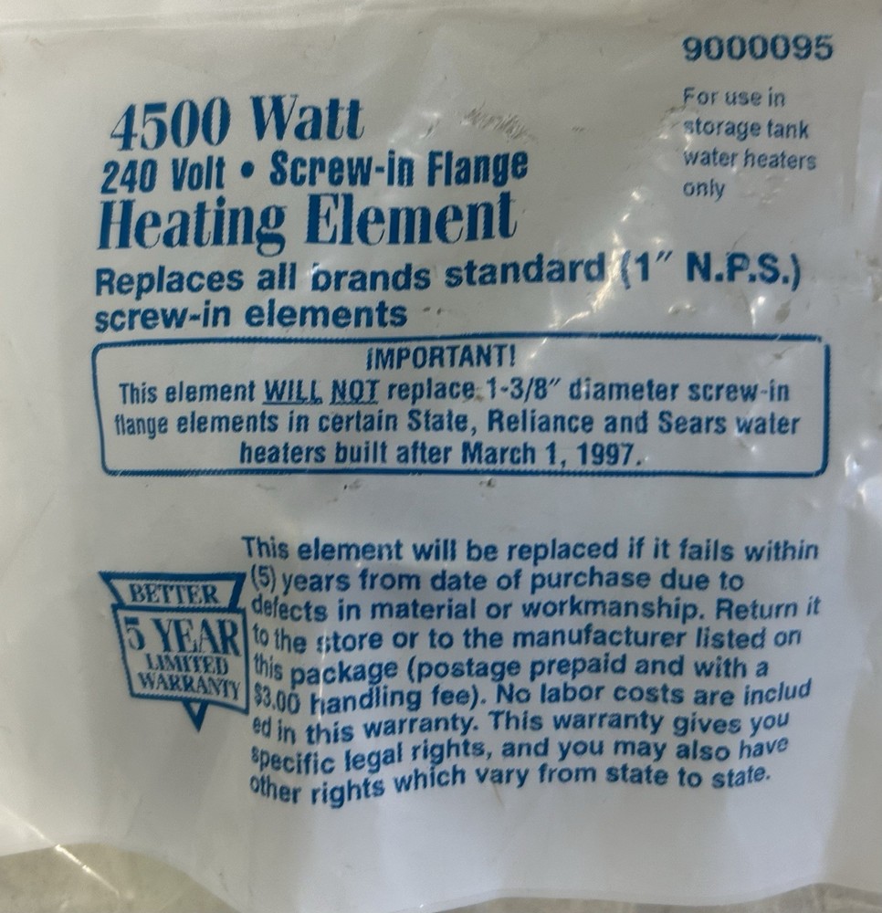 4500 Watt Water Heater Element. 9000095. 1" N.P.S. APCOM.