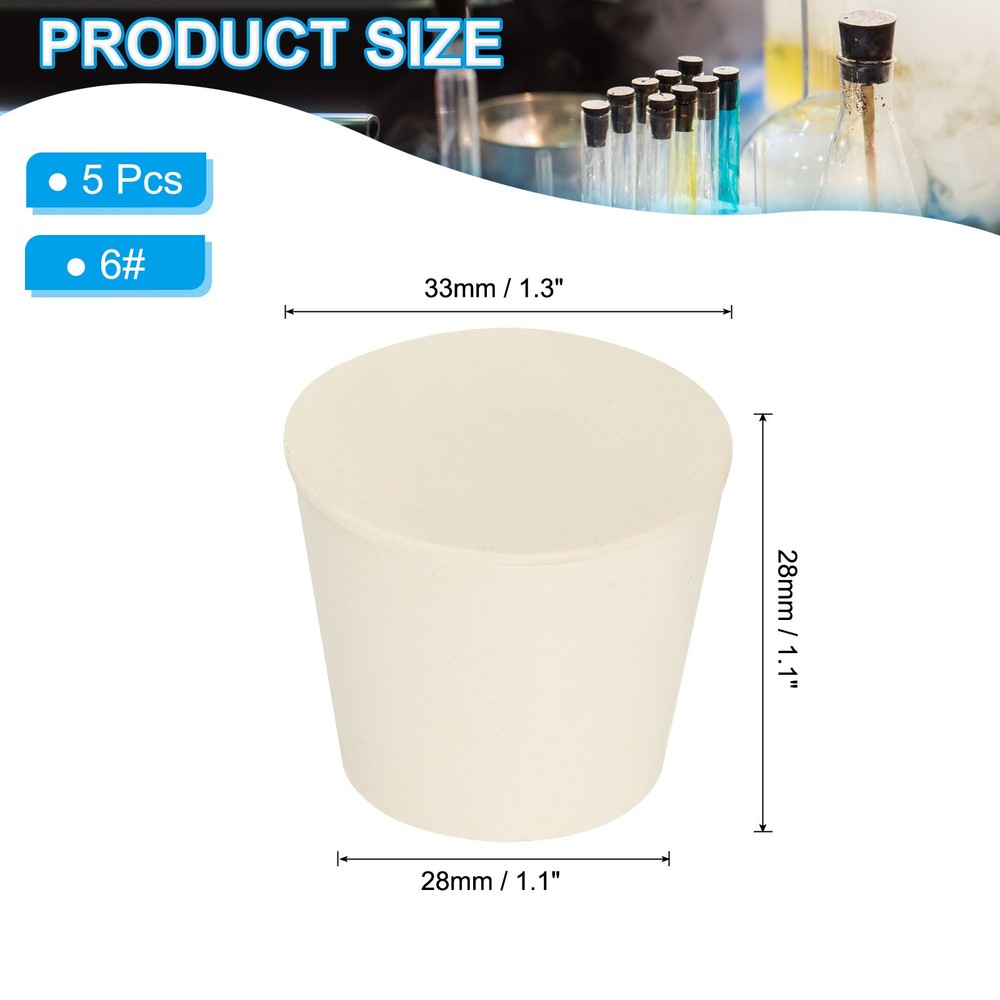 5 Pack Solid Rubber Stoppers 6# Tapered Lab Seal Plug Test Tube Bungs, White