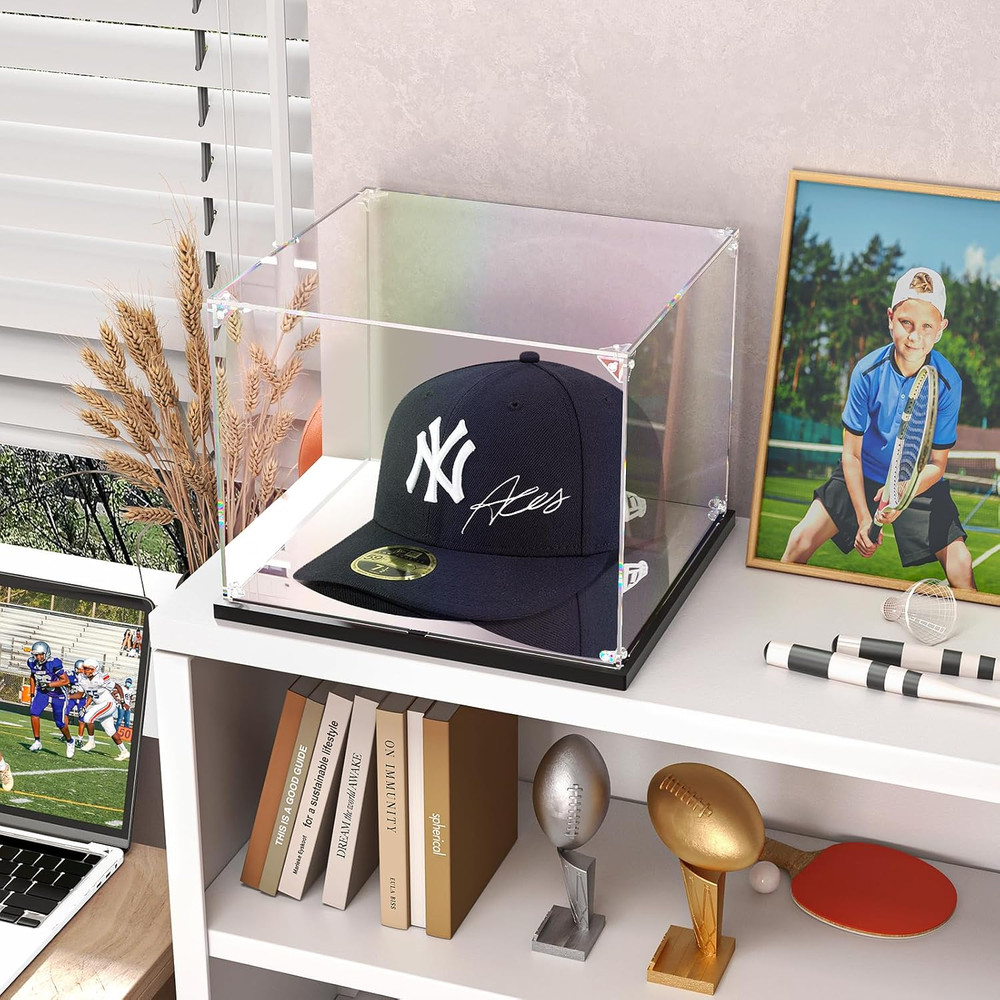 Hat Display Case, Clear Acrylic Hat Box with Mirror Base, Display Case for Baseb