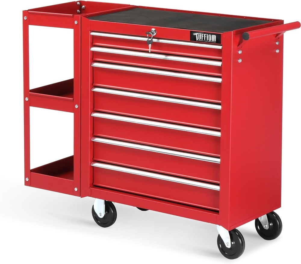 7-Drawer Rolling Tool Chest Tool Box with Lock & Key & Side Shelves for Workshop