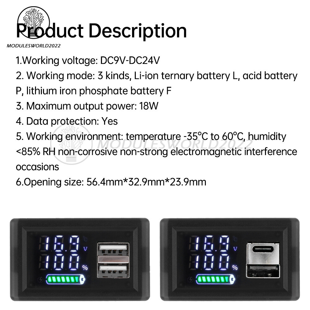 DC9-24V Battery Capacity Indicator USB Type-C LED Dual Digital Car Voltmeter