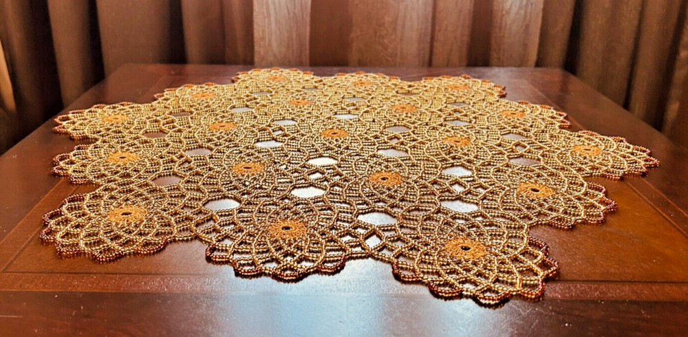 HANDMADE GOLD & COPPER CROCHET BEADED DOILY 20"