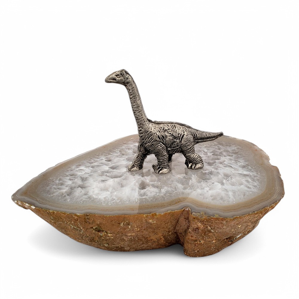Prehistoric Brachiosaurus Pewter Figurine on Natural Agate Display
