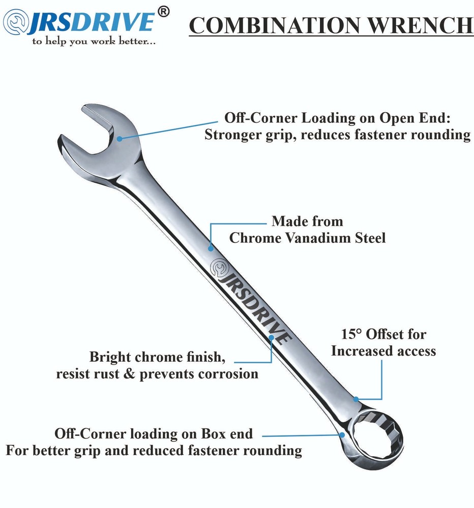 JRSDRIVE Combination wrench Set 15 Pcs SAE Full Polished Chrome Plated | E-2004