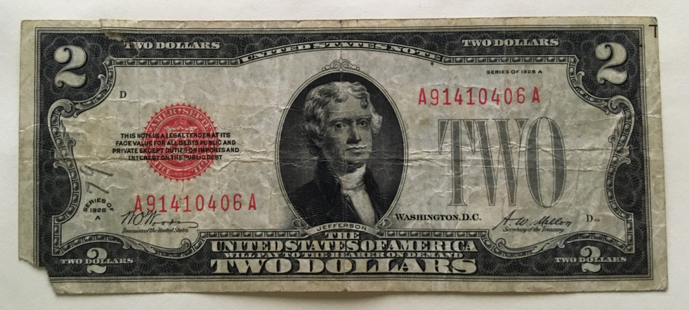 1928 A $2 Legal Tender FR 1502 Red Seal AA block missing corner & tiny torn
