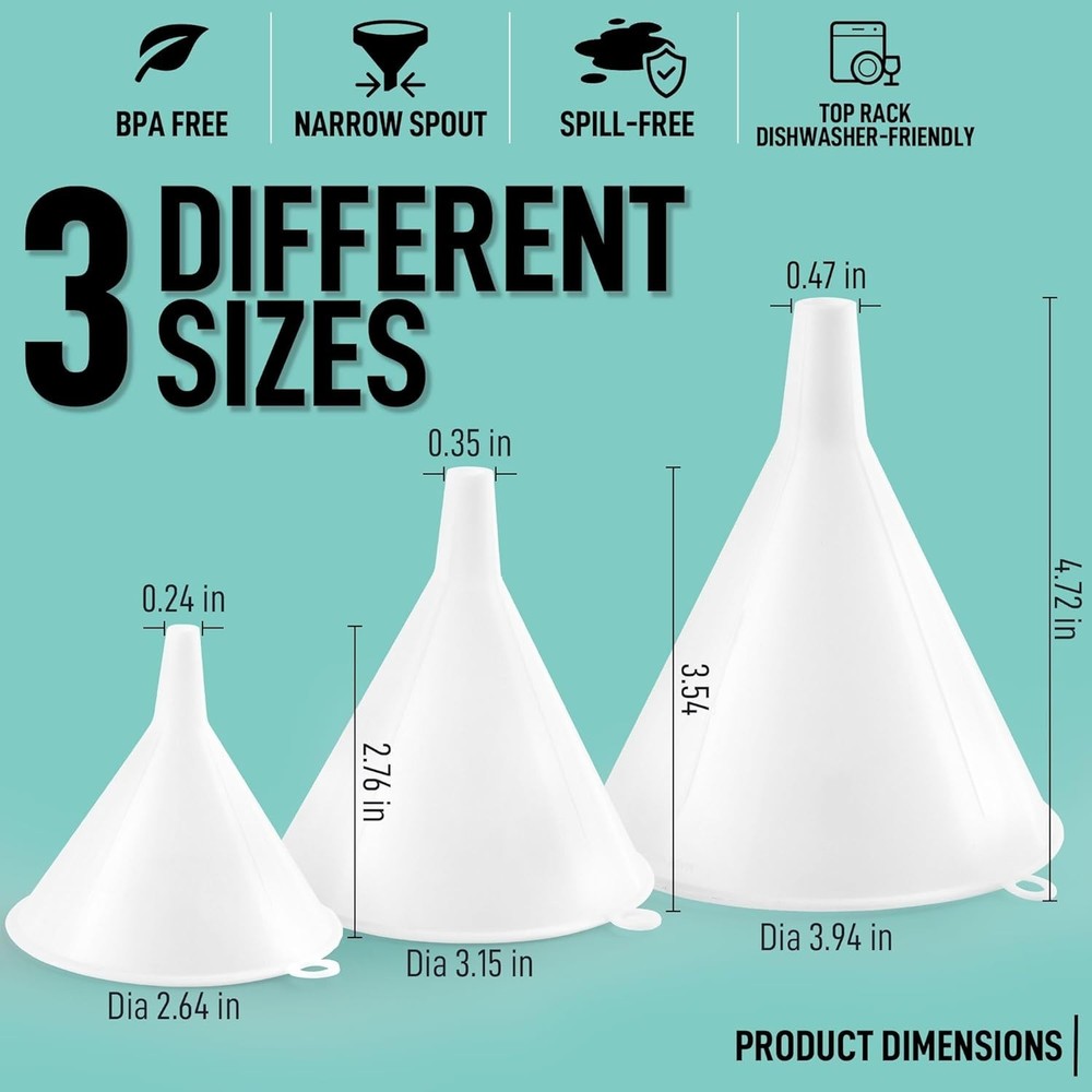 3-Piece Plastic Funnel Set, Large Medium Small Kitchen Funnels, Food Grade