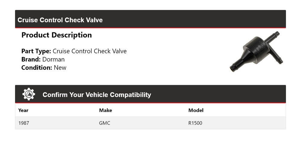 For 1987 GMC R1500 Dorman Cruise Control Check Valve