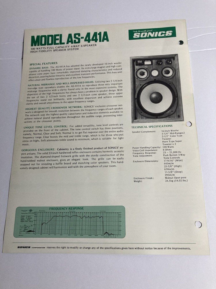 Sonics AS-441A Speakers Specification Brochure