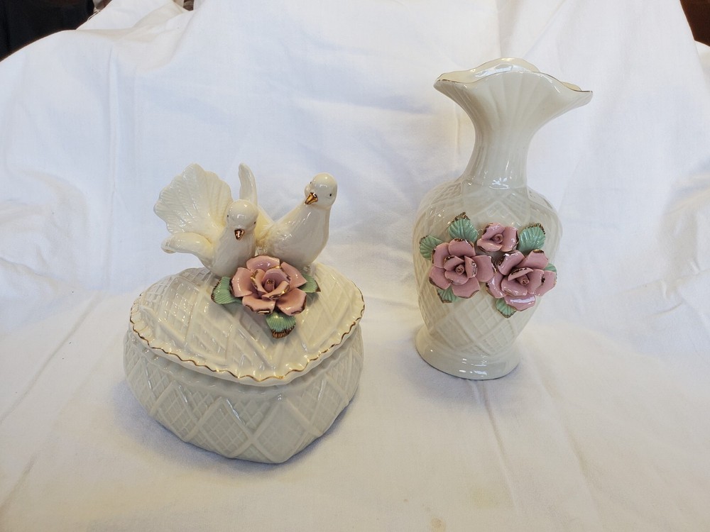 Jay Import Co. Vase Candy/Trinket Dish Set - Pink Roses & Doves