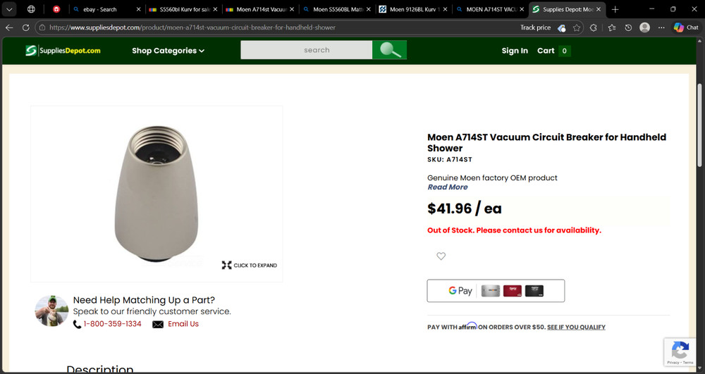 Moen A714ST STAINLESS Replacement Vacuum Breaker