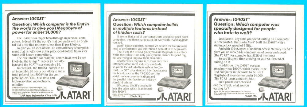 Atari computer system advertisements early vintage PC 3 separate ads 1986 video