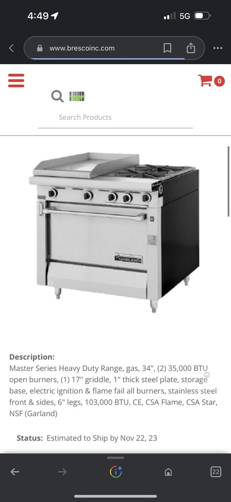 Garland Master Series Propane Hook Up 2 Burner Gridded Oven