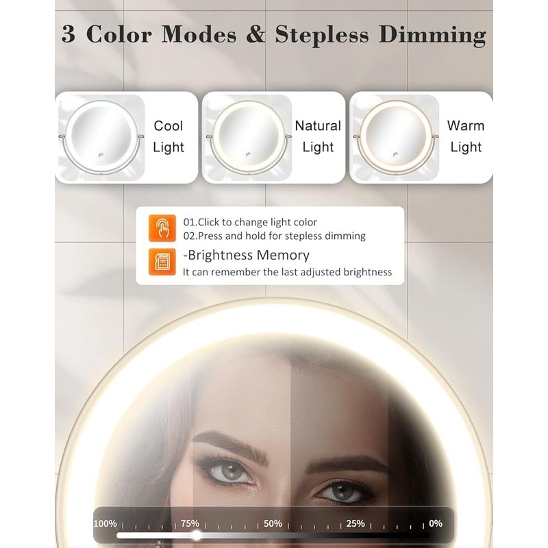 30X Magnifying Lighted Makeup Mirror Adjustable Height Cordless Metal Wall Mount