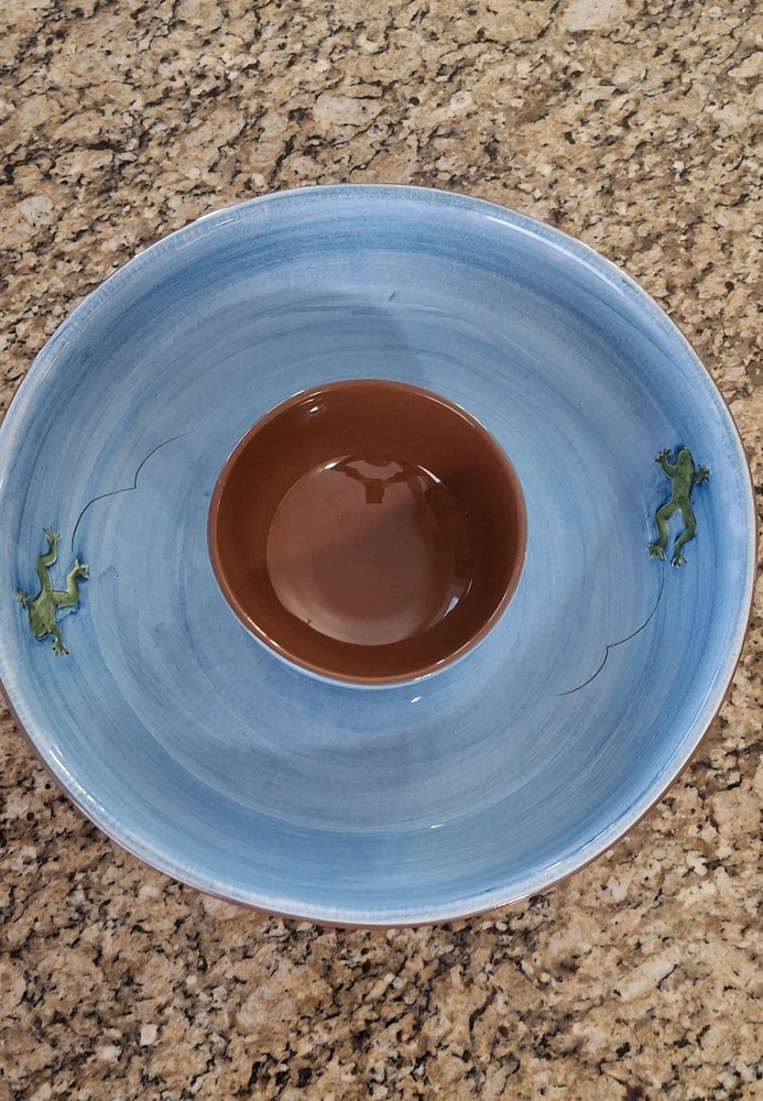 Pottery Barn Blue Hopping Frog Round Chip & Dip Serving Set